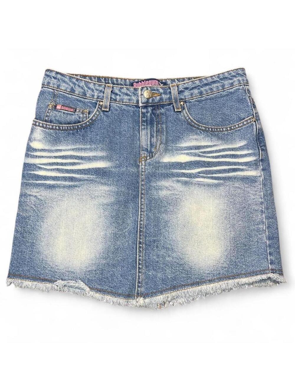 Vintage Y2K Bubblegum Denim Skirt 4/6 Blue Jean Fray Hem Whiskered Mini